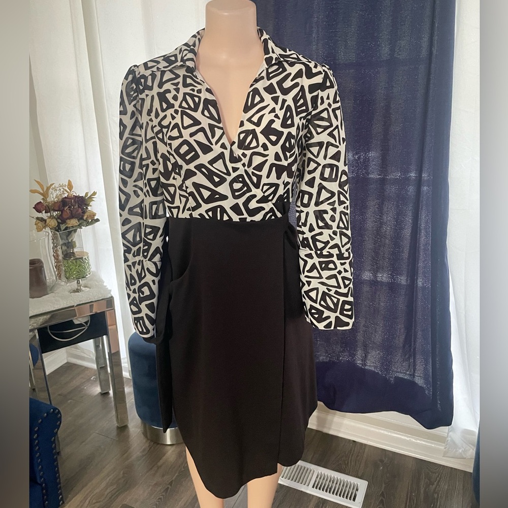 Chadwicks wrap dress Black and White Geometric Dress woman 8 petite 8p classy